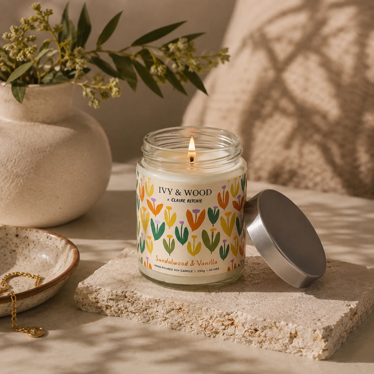 Ivy & Wood Bloom X Claire Ritchie Sandalwood & Vanilla Soy Candle 250g